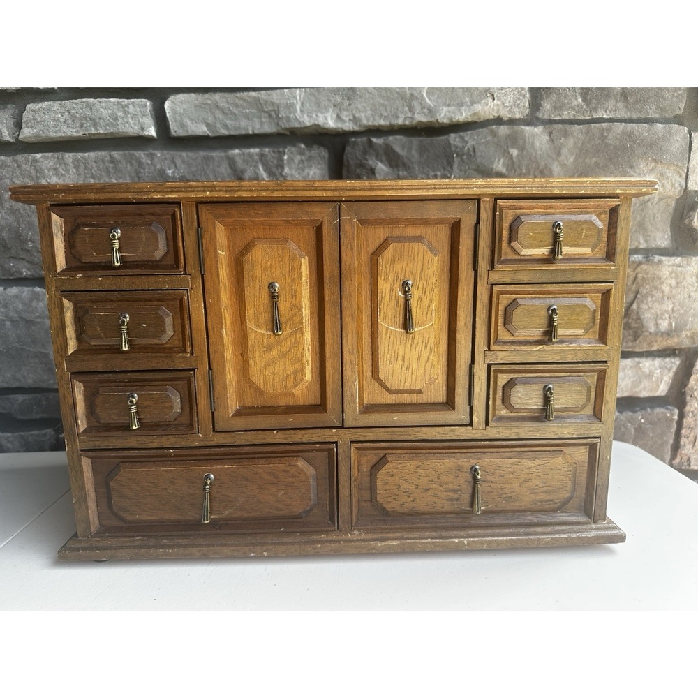 Vintage MCM Kellerman Wooden Jewelry Keepsake Box Case Chest 11 Drawers Cottage